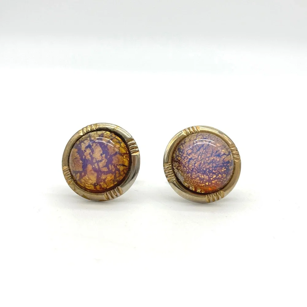 Vintage‎ Round Cufflinks Artistic Amber Purple Stone Metal Toggle Back Mens